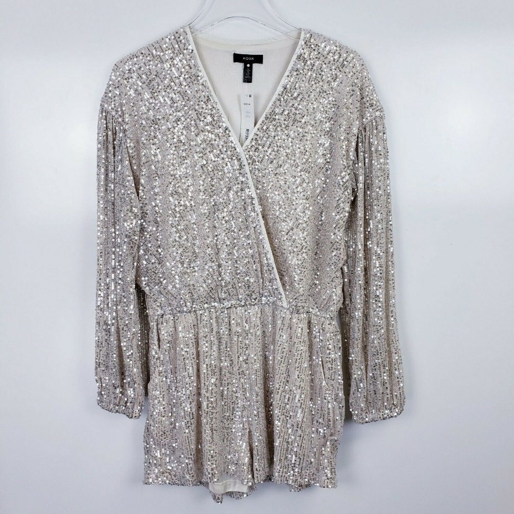 Aqua Long Sleeve Sequined Crossover Romper Small - Picture 2 of 8